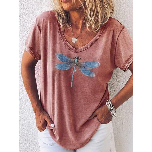 LP | casual T-shirt with V-neck and short sleeves with dragonfly pattern