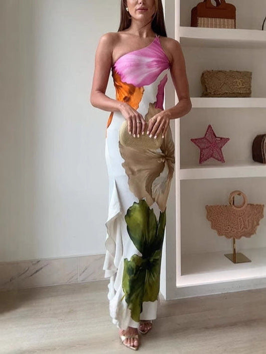 Stylish long dress with floral print and one-shoulder design