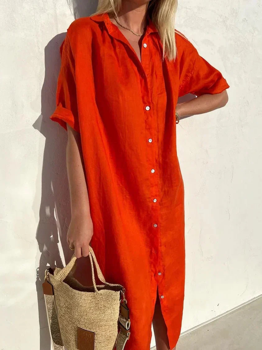 LP | Linen and cotton plain v-neck dress in fashionable linen and cotton