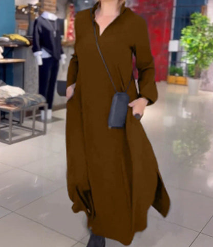 Mc | casual monochromatic dresses with v-neck and long sleeves