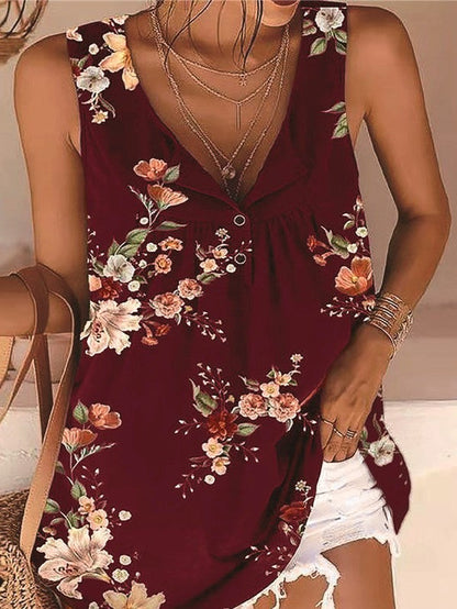 LD Printed V-Neck Twist Button Sleeveless Tanktop T-shirt