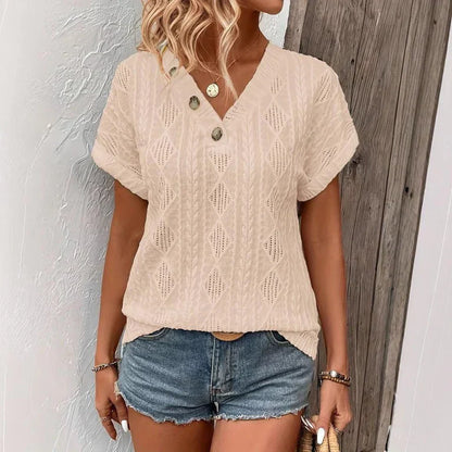 T-shirt with buttons and V-neck - Textured fabric and short sleeves