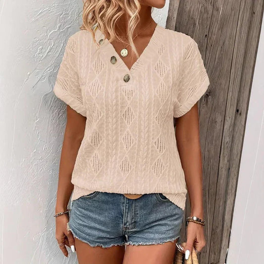 T-shirt with buttons and V-neck - Textured fabric and short sleeves