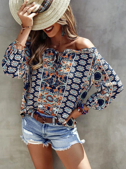 LD | Bohemian Floral Printed Off-The-Shoulder Ruffle Shirt