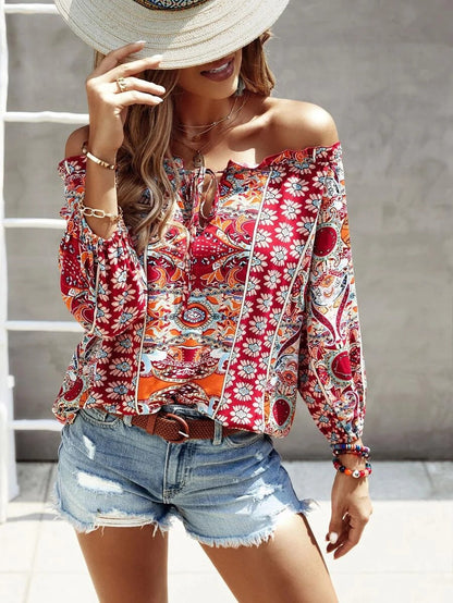 LD | Bohemian Floral Printed Off-The-Shoulder Ruffle Shirt