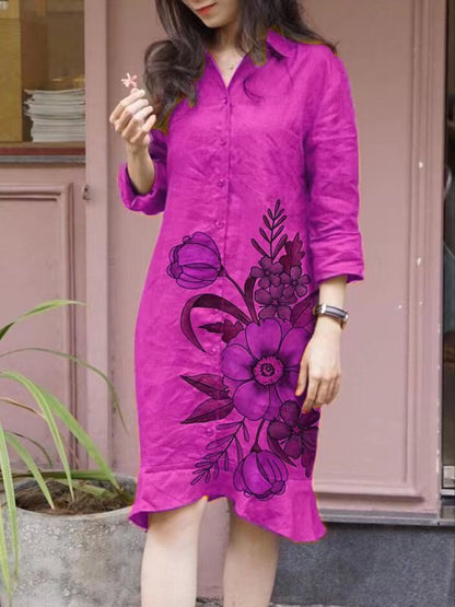 LP | Printed and loose mid-length dress with irregular lapels