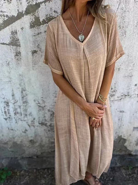 loose long dress with V-neck in casual style