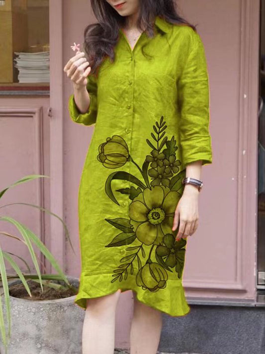 LP | Printed and loose mid-length dress with irregular lapels