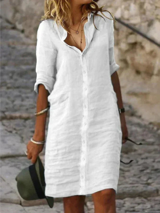 Plain cotton dresses with lapel buttons and half-sleeves