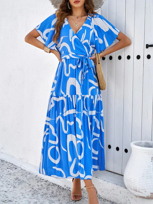 V-neck short-sleeved bohemian dress