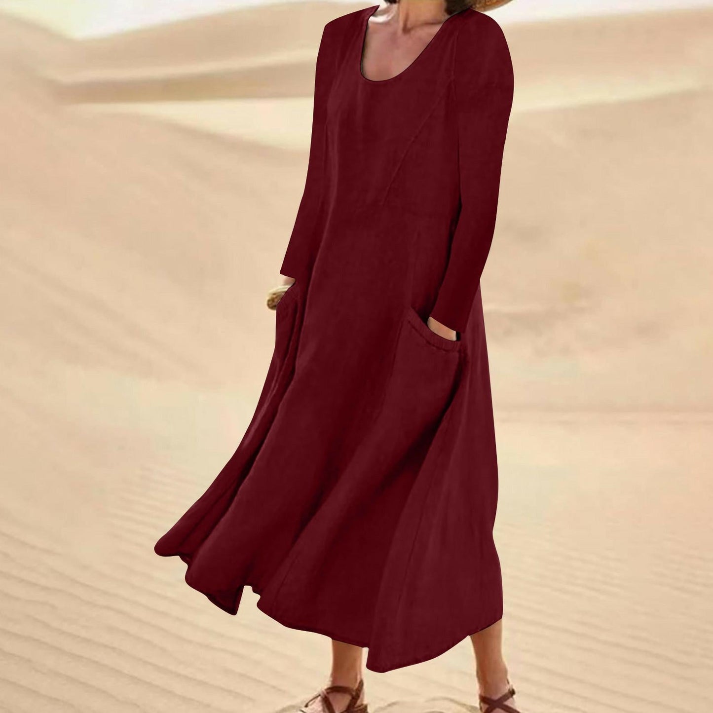 Mc | Solid-color dress with long sleeves and round neckline