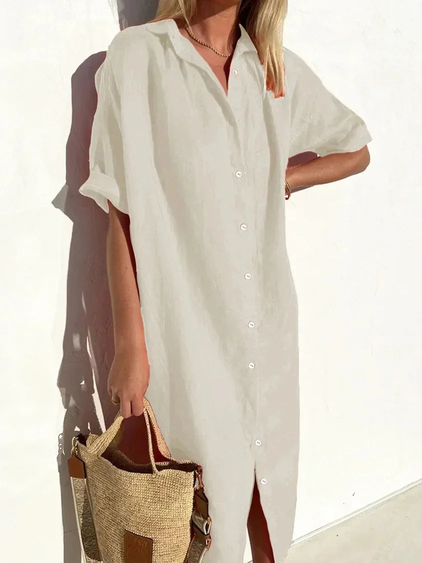 LP | Linen and cotton plain v-neck dress in fashionable linen and cotton