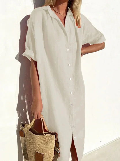 LP | Linen and cotton plain v-neck dress in fashionable linen and cotton