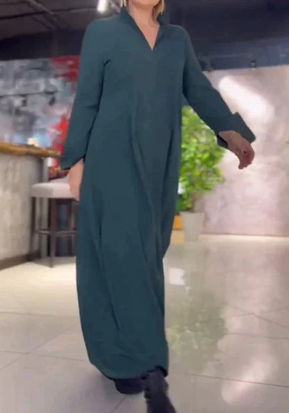 Mc | casual monochromatic dresses with v-neck and long sleeves