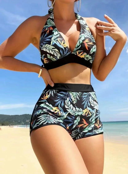 LD women's fashion leaf print straps split bikini swimwear