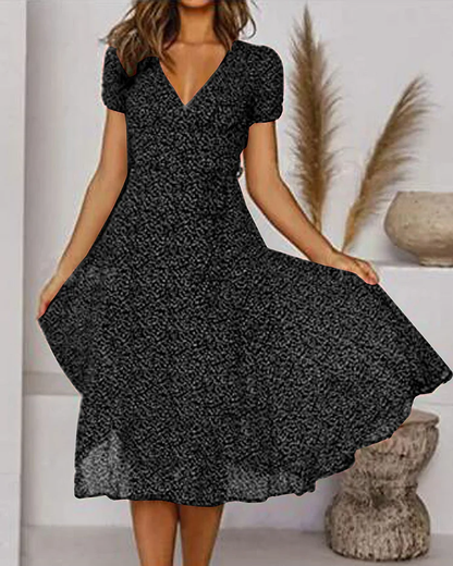 LP | Printed chiffon dress with short sleeves and V-neckline