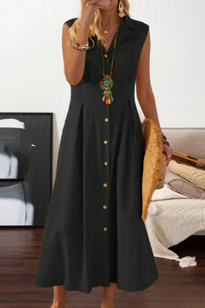 Mc | sleeveless midi dress with overlapping buttons.