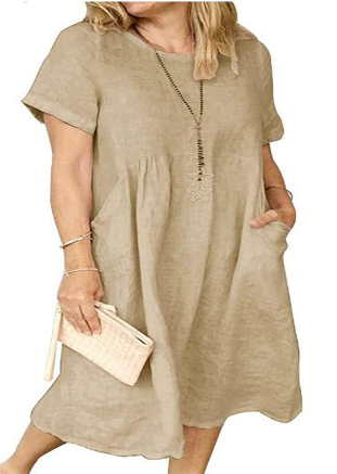 Mc | Cotton and linen dress with short sleeves and gathered pockets