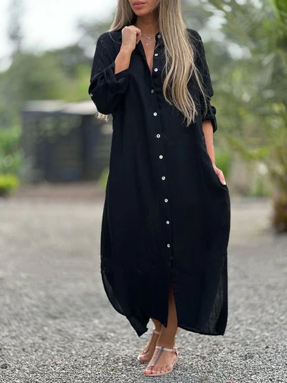 Mc | Women's casual shirt dress, single color, front button closure