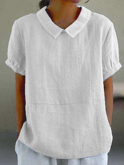 Women's airy linen blouse, short sleeves, bubon collar