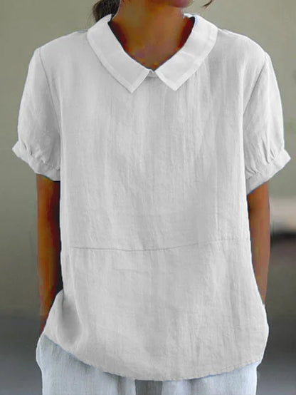 Women's airy linen blouse, short sleeves, bubon collar