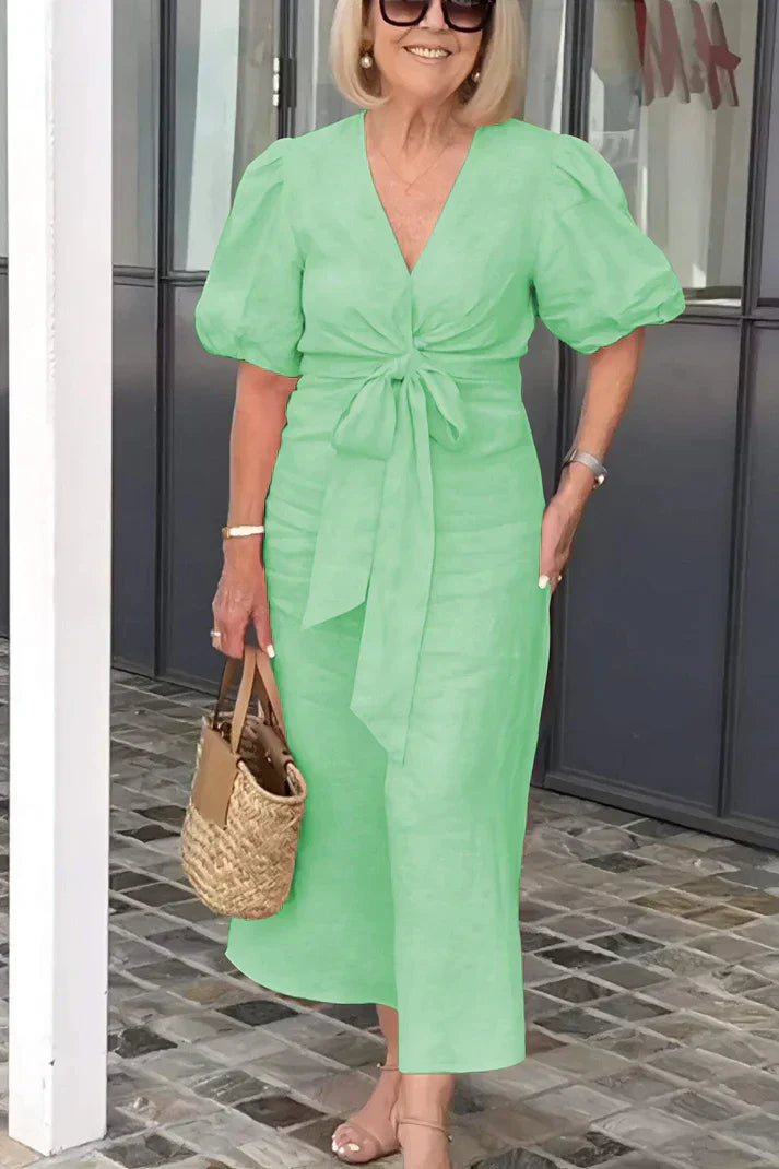 LP | Cotton dress with V-neck and puff sleeves