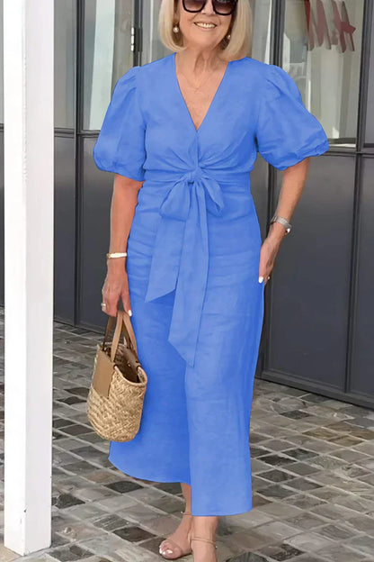 LP | Cotton dress with V-neck and puff sleeves