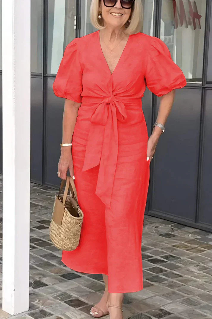 LP | Cotton dress with V-neck and puff sleeves