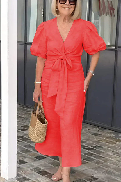 LP | Cotton dress with V-neck and puff sleeves