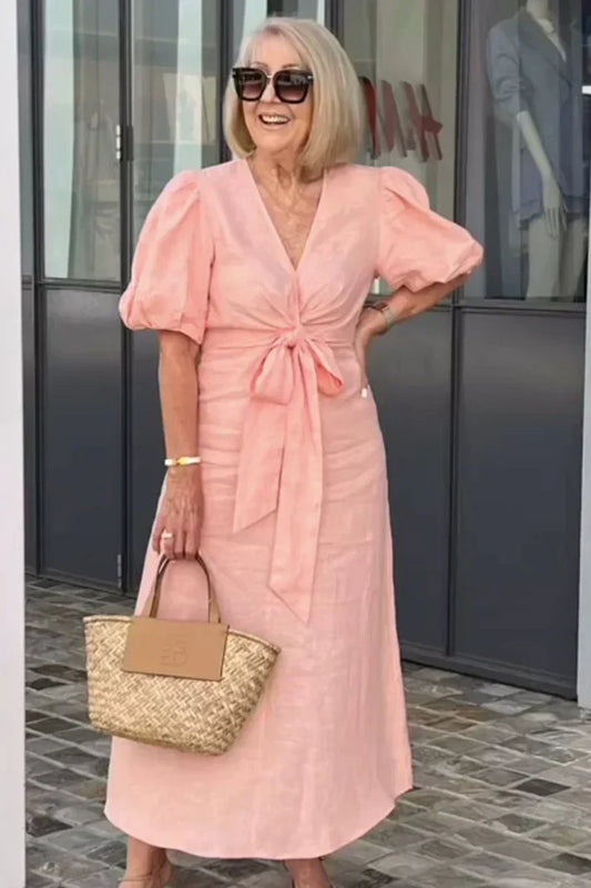 LP | Cotton dress with V-neck and puff sleeves