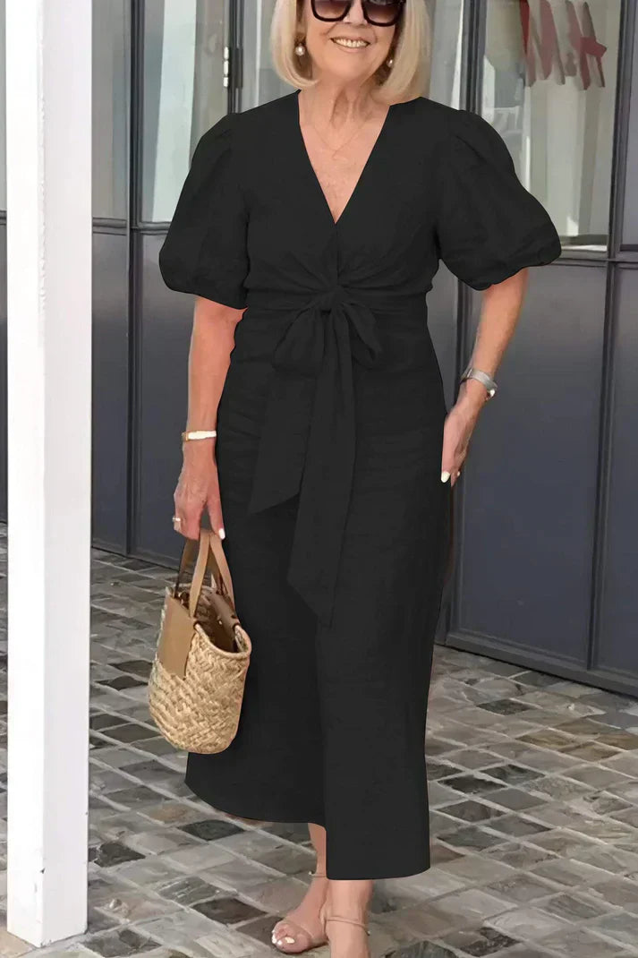 LP | Cotton dress with V-neck and puff sleeves