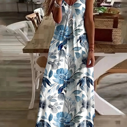 LP | Fresh geometric print V-neck Long dress for suspenders Summer vacation Ankle-length Beach and sea Dress for suspenders