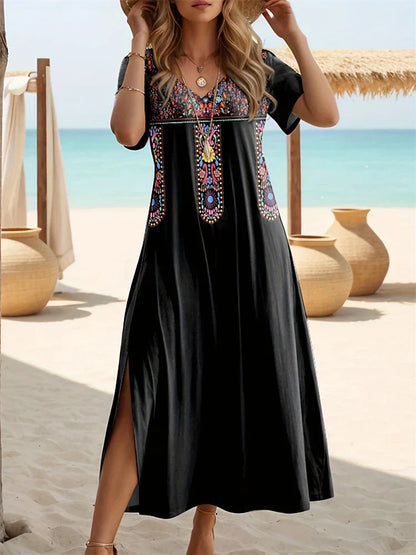 LP | New Floral Printed Dresses Hawaiian Long Dresses Women's Holiday Short Sleeve Dresses Fashion Summer V Neck Designs Summer