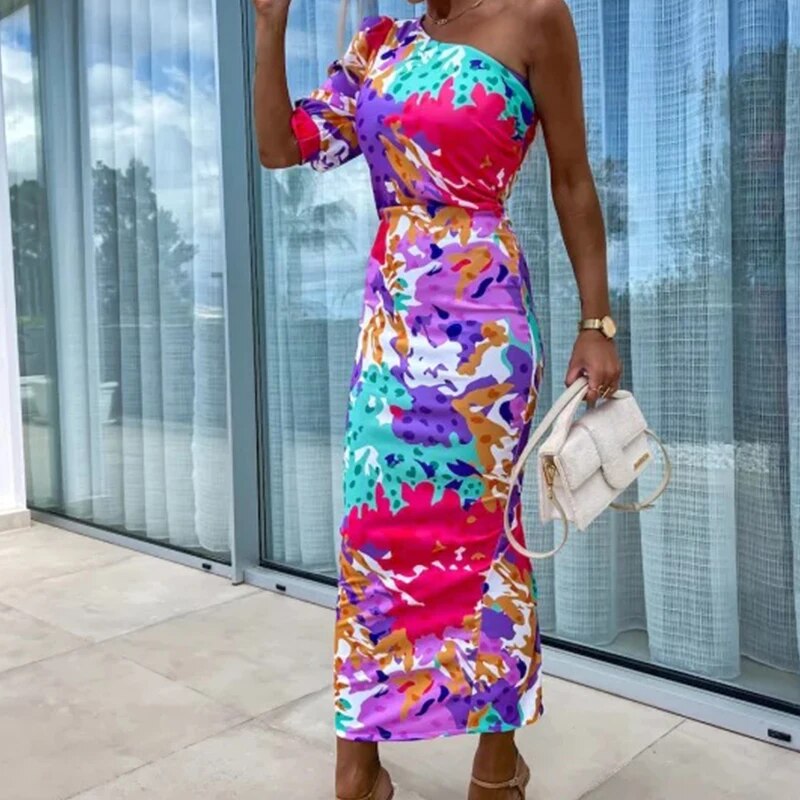 Mc | One-shoulder dress with puff sleeves