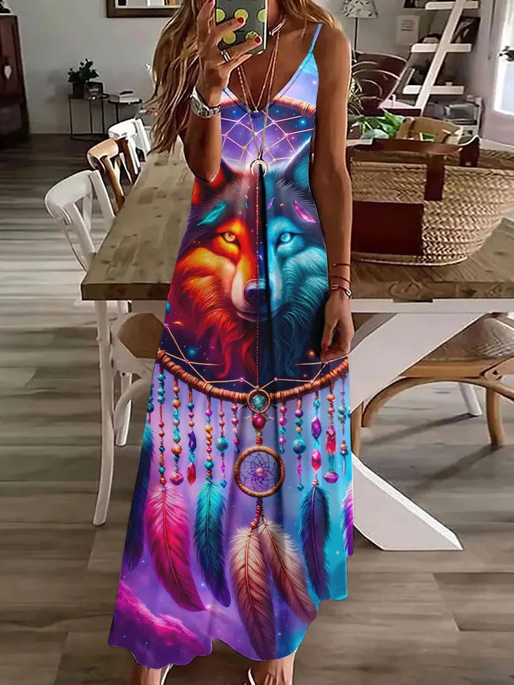 LP | 2024 New 3D Owl Print Vintage Gilet Sleeveless Long Women's Tribal Pattern Spaghetti Strap Dress Summer Long Loose Dresses