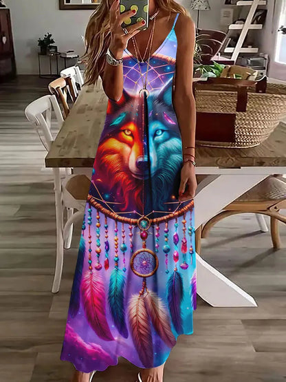 LP | 2024 New 3D Owl Print Vintage Gilet Sleeveless Long Women's Tribal Pattern Spaghetti Strap Dress Summer Long Loose Dresses
