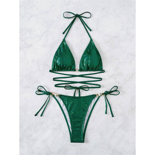 Green sequined bikini with sexy straps