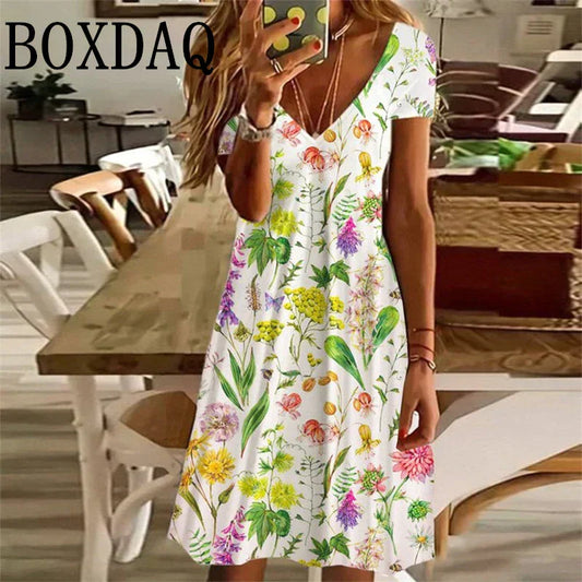 LP | Women's Sundress Midi Dress Short Sleeve Floral Print Summer Casual V Neck Loose Dresses Plus Size 2024 Women's Clothing Vestidos