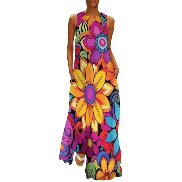 LP | Flower Power Women Dress Summer Print Floral Retro Road Wear Bohemia Long Dress Women's Sleeveless Sexy Maxi Dress Large Size 3XL