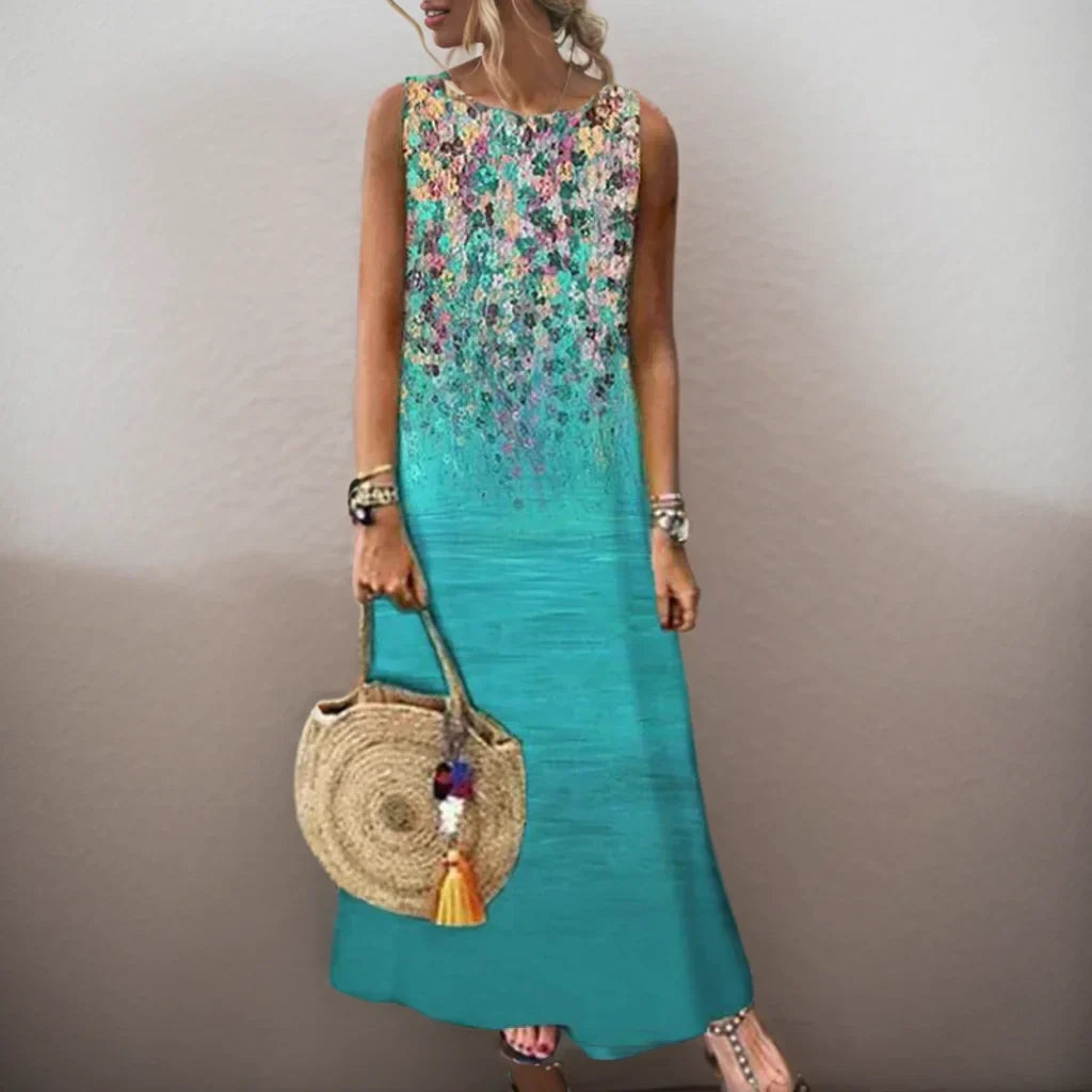LP | Vintage Floral Printed Women Sleeveless Sundress Summer Loose Casual Beach Long Dress Ladies Bohemia Maxi Dresses Party Vestidos