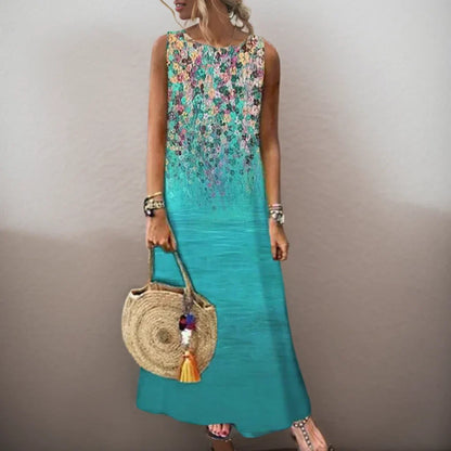LP | Vintage Floral Printed Women Sleeveless Sundress Summer Loose Casual Beach Long Dress Ladies Bohemia Maxi Dresses Party Vestidos
