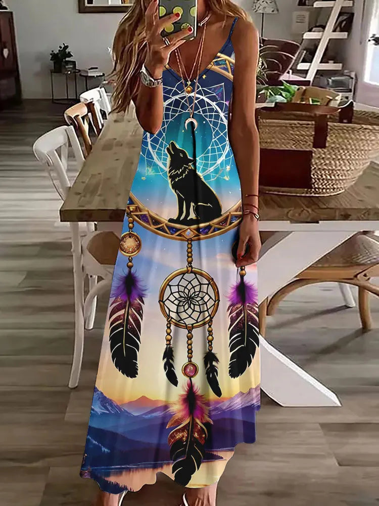 LP | 2024 New 3D Owl Print Vintage Gilet Sleeveless Long Women's Pattern Tribal Spaghetti Strap Dress Summer Long Loose Dresses