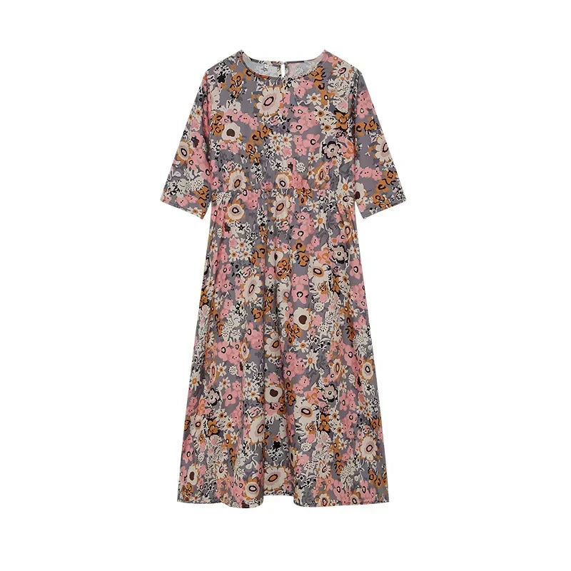 LP | 2024 Boundary Cross Spring and Summer Printed Round Neck Covered Head Mid Sleeves Loose Casual Bag in a Long Dress
