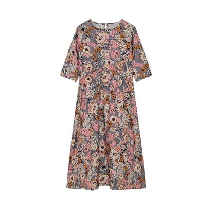 LP | 2024 Boundary Cross Spring and Summer Printed Round Neck Covered Head Mid Sleeves Loose Casual Bag in a Long Dress