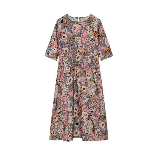 LP | 2024 Boundary Cross Spring and Summer Printed Round Neck Covered Head Mid Sleeves Loose Casual Bag in a Long Dress