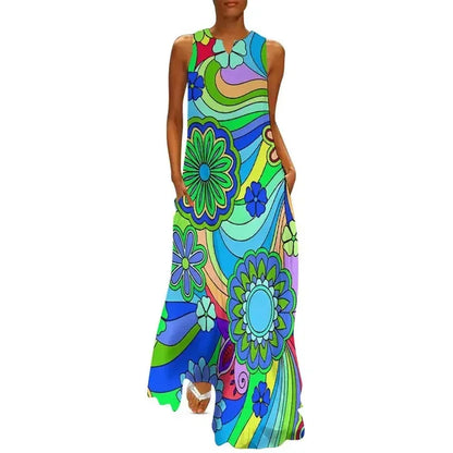 LP | Flower Power Women Dress Summer Print Floral Retro Road Wear Bohemia Long Dress Women's Sleeveless Sexy Maxi Dress Large Size 3XL