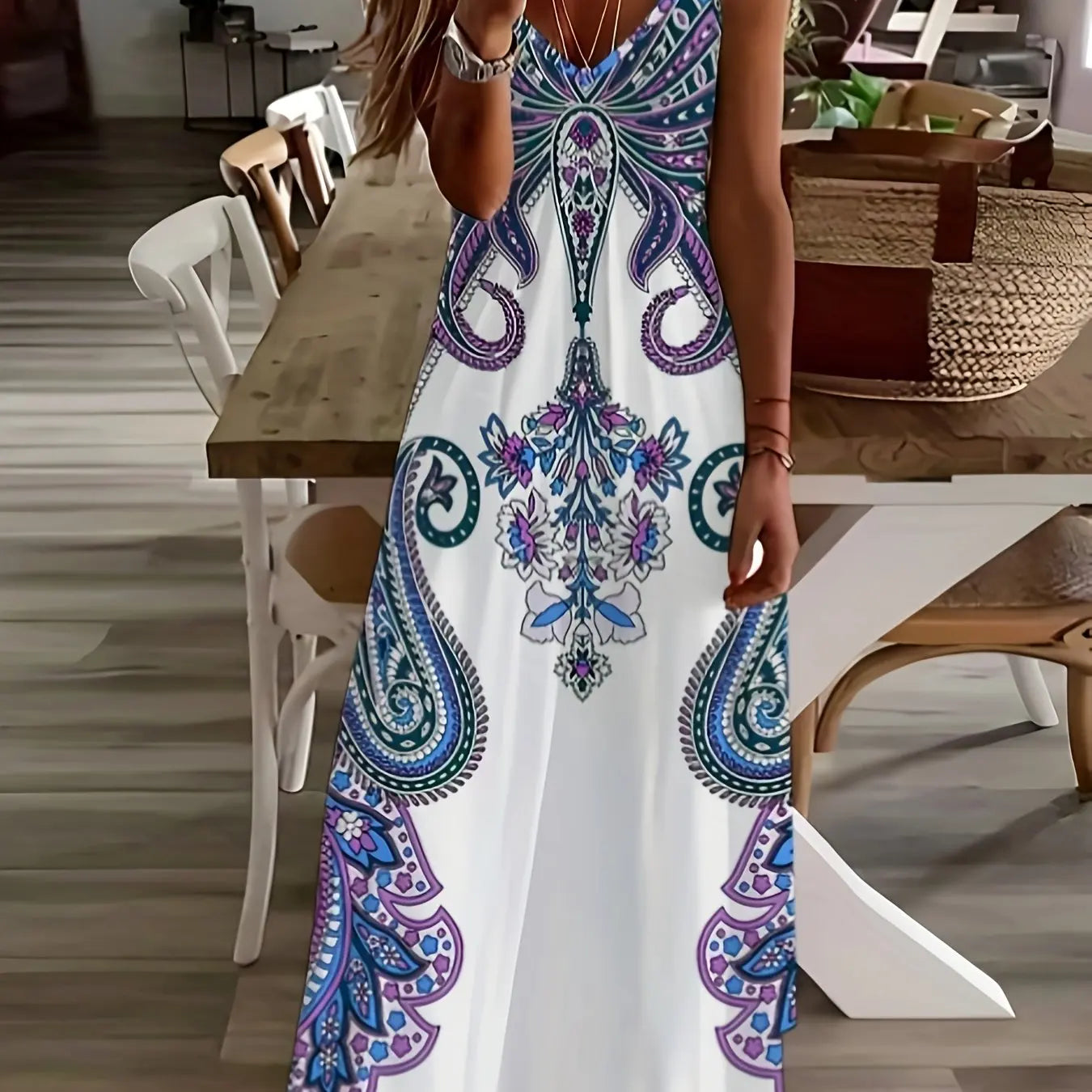 LP | ladies maxi dress retro tribal print ladies loose one line maxi dress party street fashion casual long dress for women