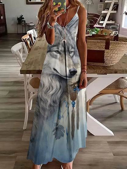 LP | 2024 New 3D Owl Print Vintage Gilet Sleeveless Long Women's Pattern Tribal Spaghetti Strap Dress Summer Long Loose Dresses