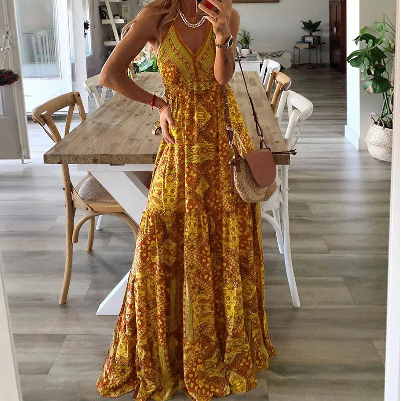 LP | European and American New 2023 Bohemian Style New Strap Long Waist High V-neck Printed Fragmented Floral Dress Women Wea