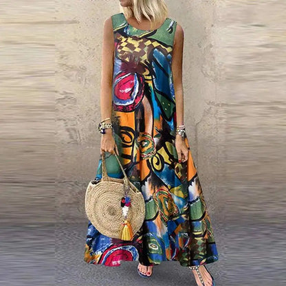 LP | ZANZEA Bohemian Floral Printed Dress Women Vintage Sleeveless O Neck Beach Sundress Summer Femme Fashion Vestido Robe Sarafans